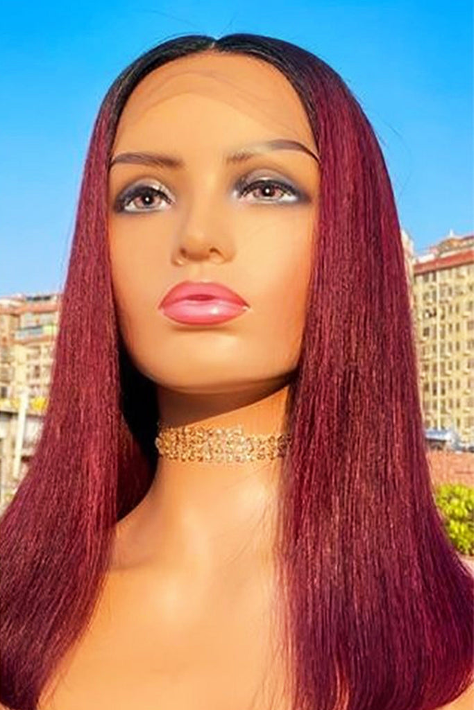 NochaStore Dark Auburn Burgundy / 12in Lace Front Brazilian Bob Over Straight Short Wigs